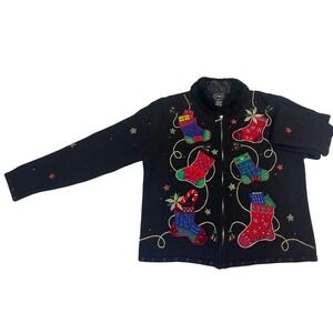 Studio Black Ugly Christmas Sweater Womens PMED Zip Fur Gold Red Stocking Jacket